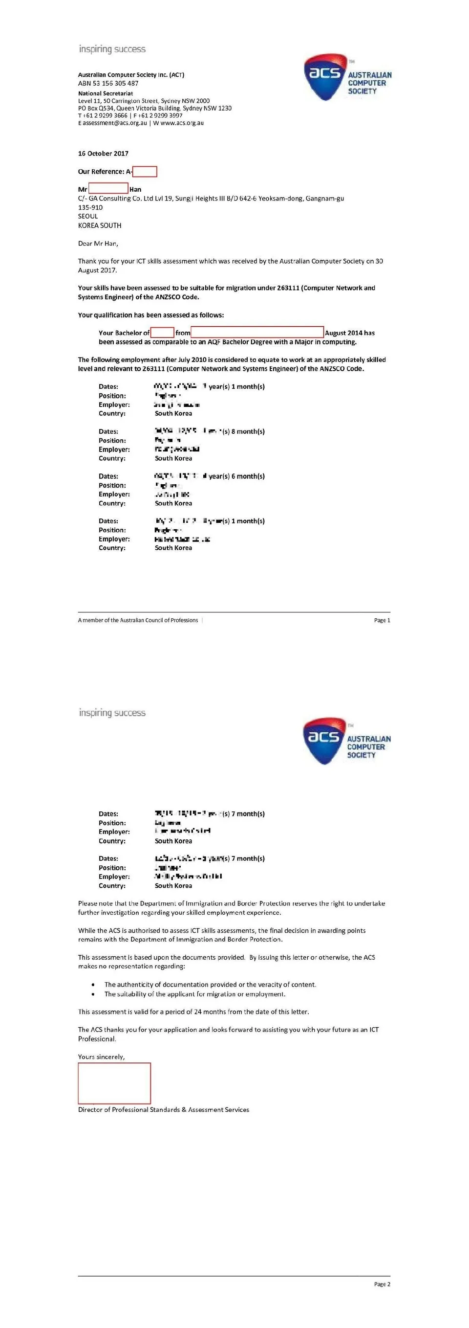ACS oucome letter