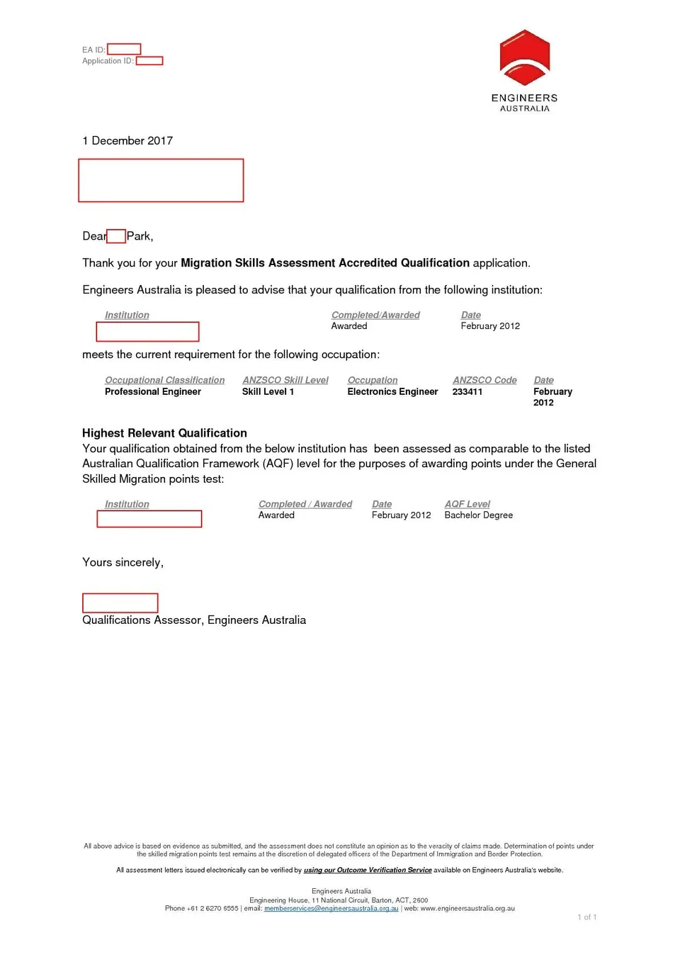 EA outcome letter