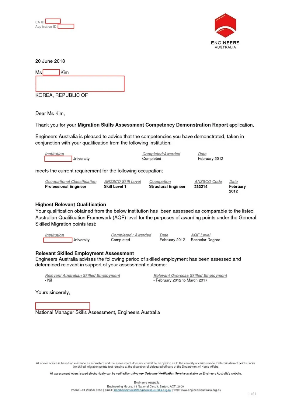 EA Outcome Letter