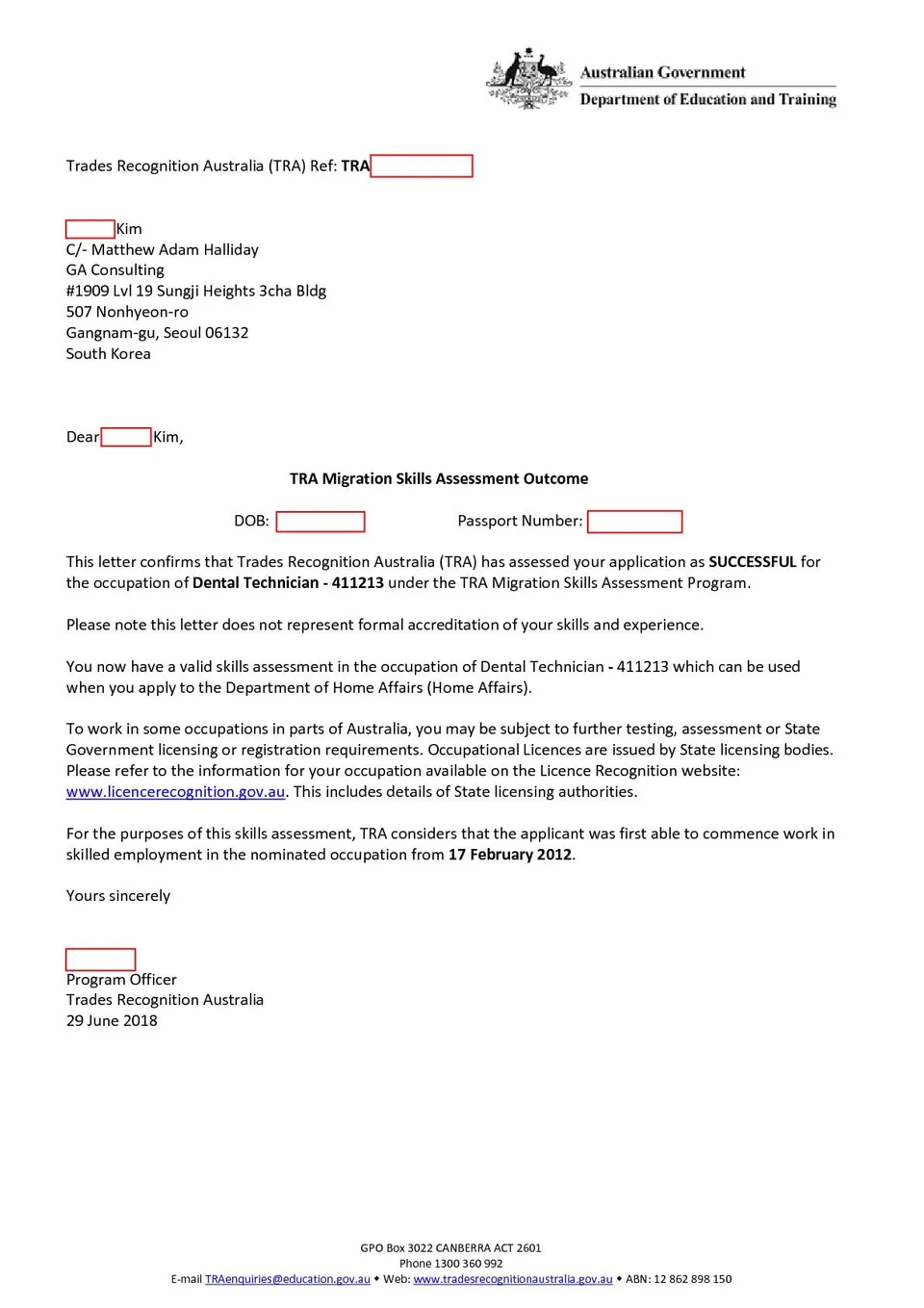 TRA Outcome Letter_2018