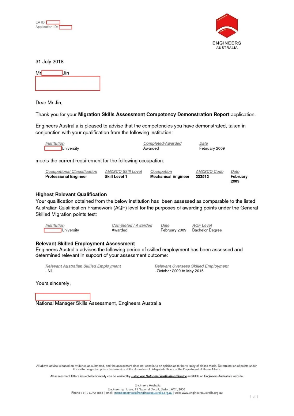 EA Outcome Letter