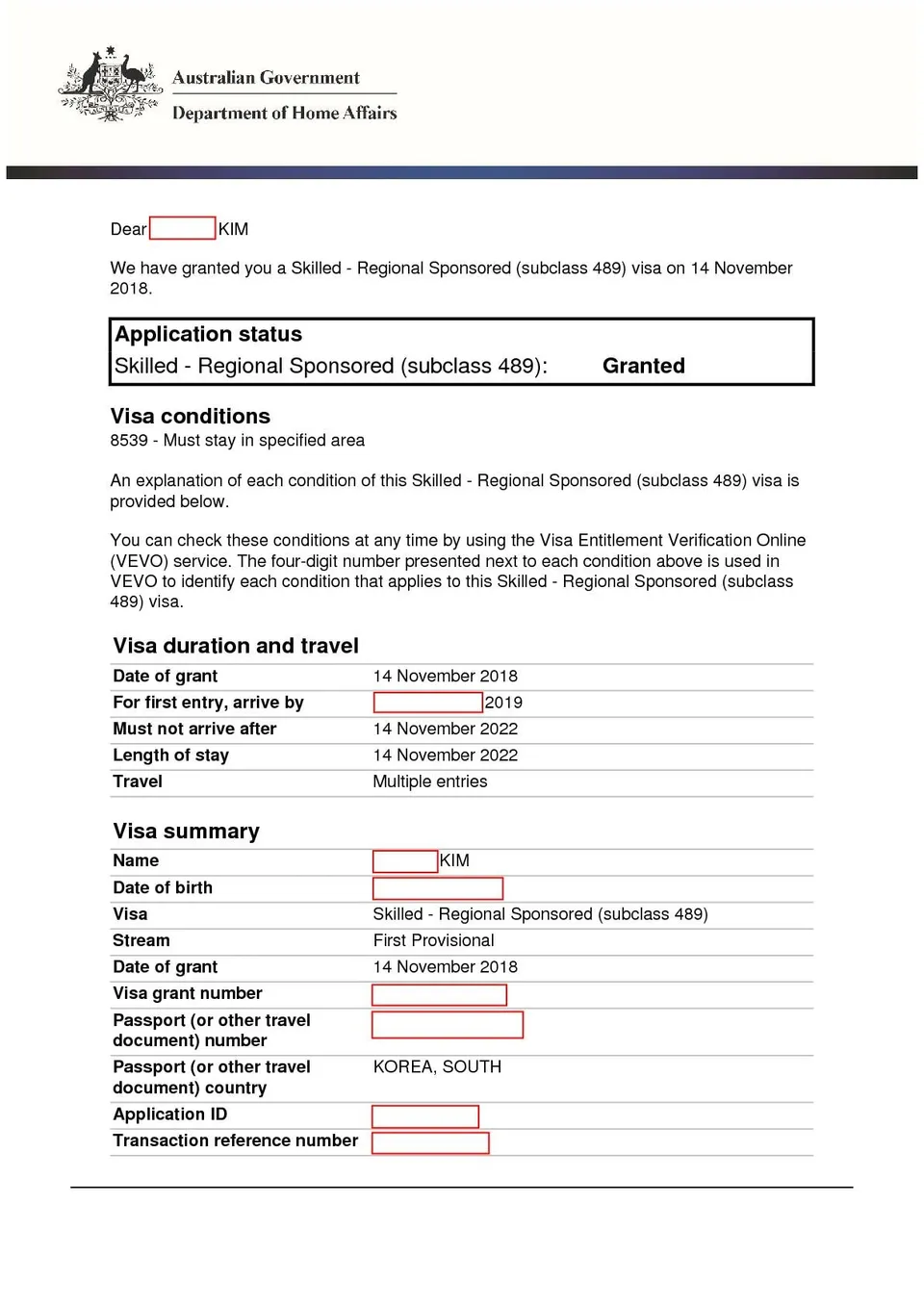 Visa grant letter_489 visa_2018