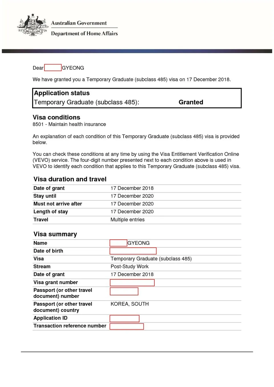485 visa grant letter