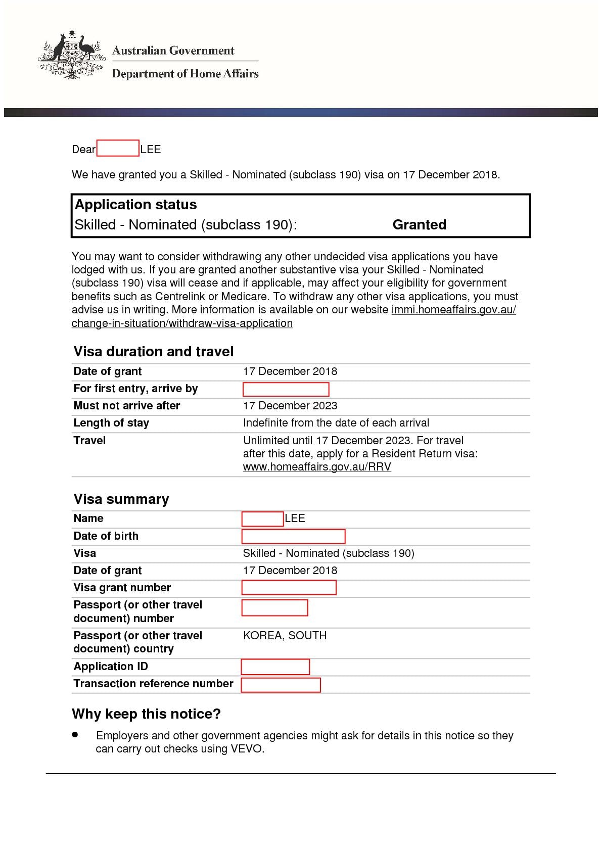 190 visa grant letter