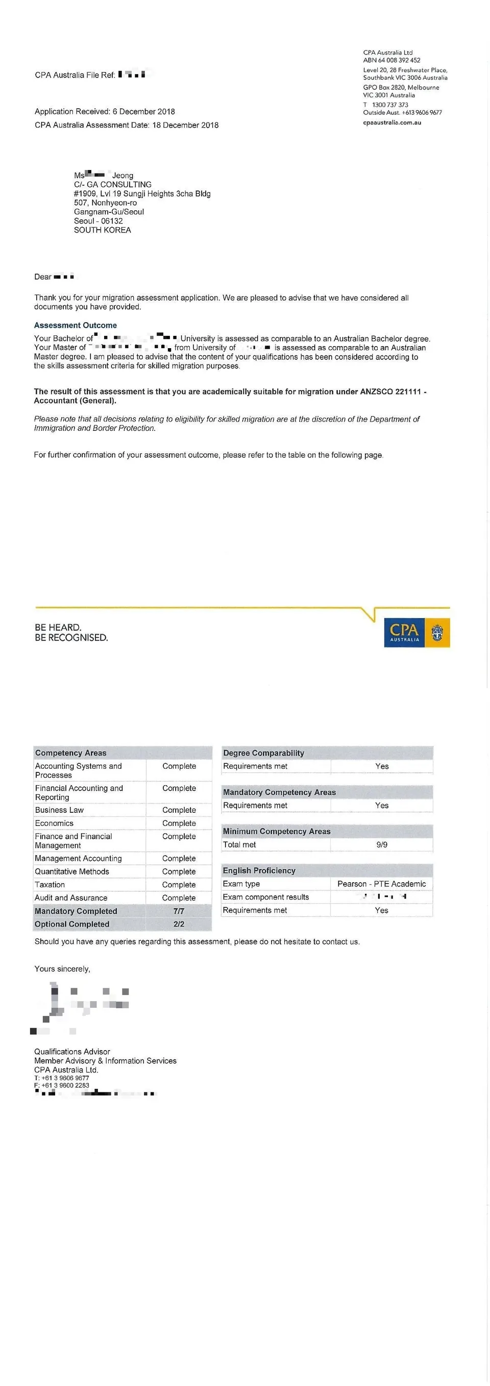 CPA outcome letter