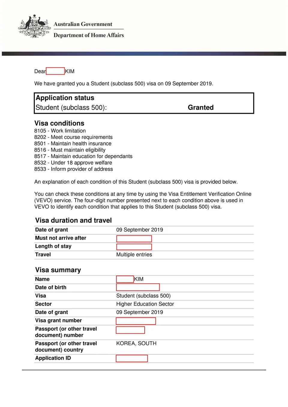 500 visa grant