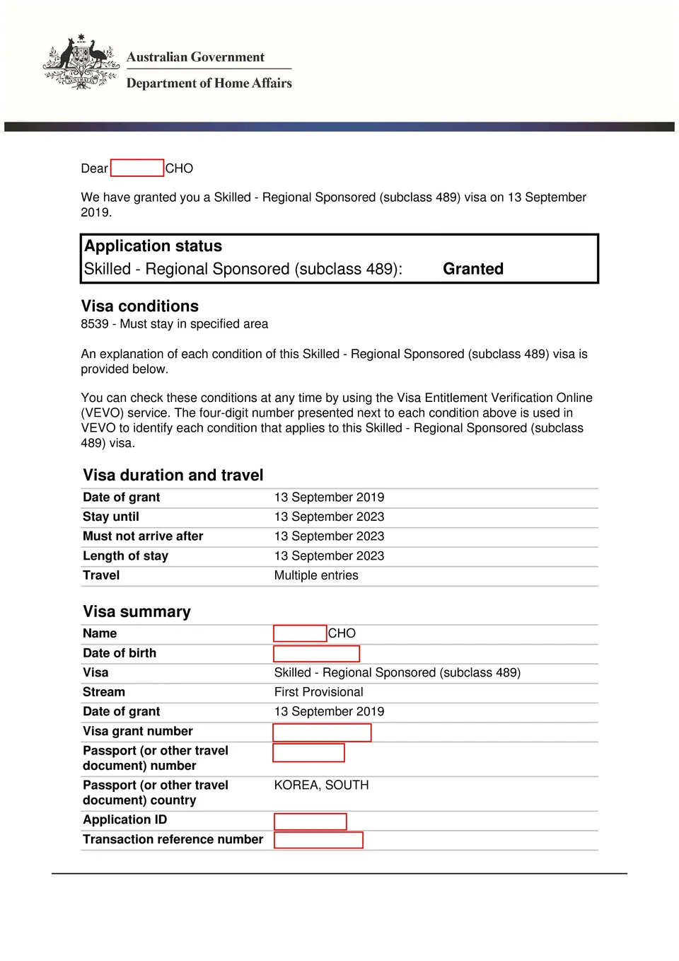 489 visa grant