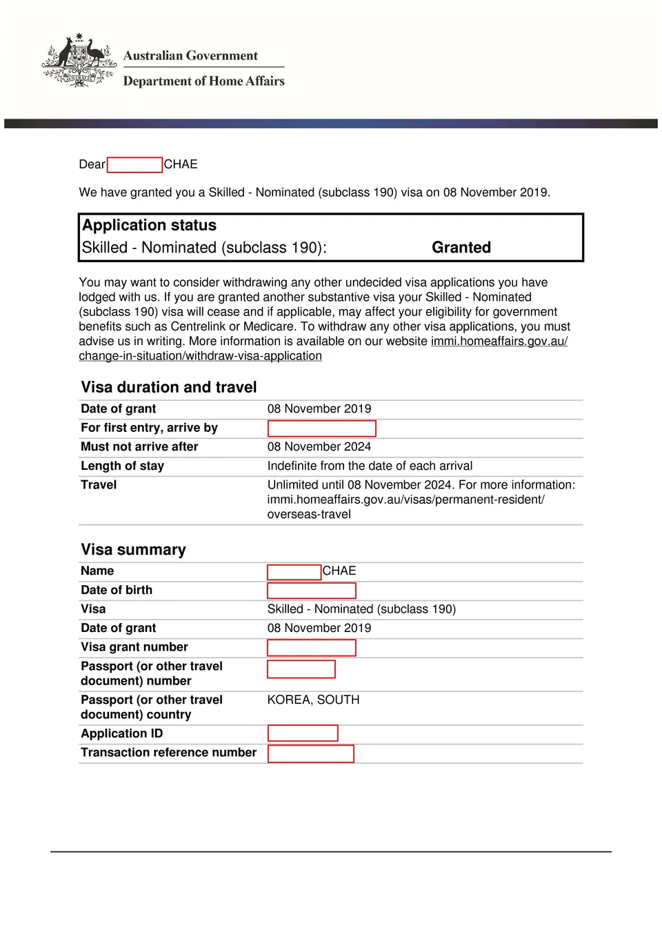 190 visa grant