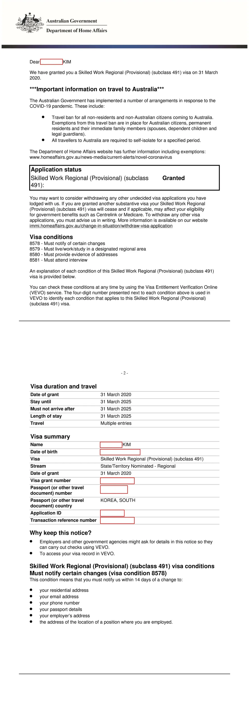 491 visa grant letter