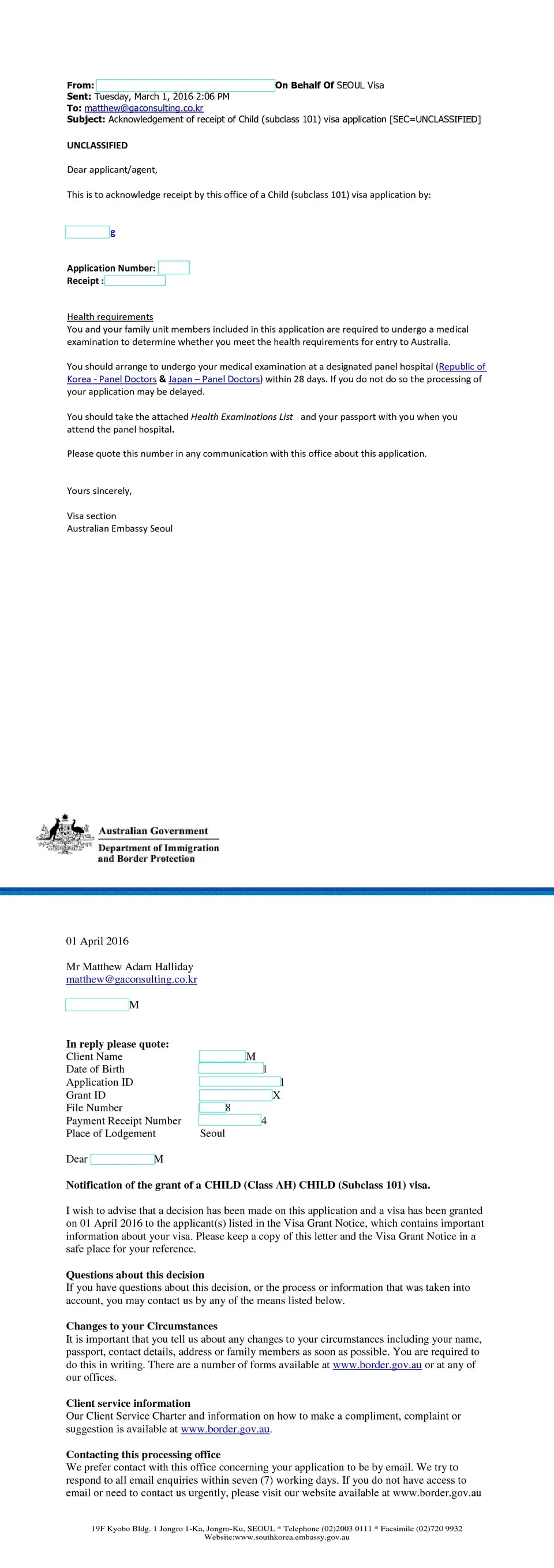 101 visa grant letter